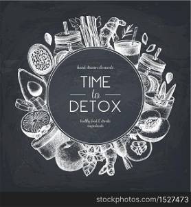 Detox diet frame design. Vector background with hand drawn vegetarian products sketch. Vintage healthy food and drinks ingredients illustration.