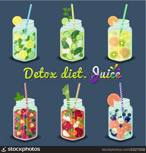 Detox Diet Juices with Fruits Vector Illustration.. Detox diet juices of different types with fruits and vegetables to become healthy and strong vector illustration on blue background.