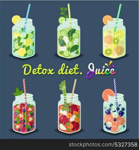 Detox Diet Juices with Fruits Vector Illustration.. Detox diet juices of different types with fruits and vegetables to become healthy and strong vector illustration on blue background.