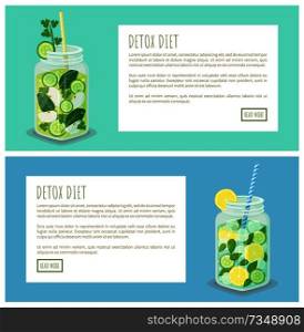 Detox diet pages collection, internet sites with text sample headline in boxes, mugs and beverage poured in it, dieting drinks vector illustration. Detox Diet Pages Collection Vector Illustration