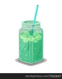 Detox drink with ice and straw inside big square jar. Healthy cool beverage to clean organism or refresh in hot summer isolated vector illustration.. Detox Drink with Ice and Straw in Big Square Jar
