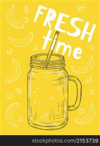 Detox summer juice. Sketch smoothie jar, vegan bar poster template. Yellow bright vector banner with bananas berries and glass. Detox smoothie drink, summer organic cocktail design illustration. Detox summer juice. Sketch smoothie jar, vegan bar poster template. Yellow bright vector banner with bananas berries and glass