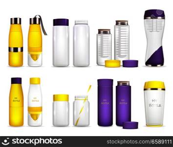 Detox water bottle set of isolated leakproof vessels for drinks with lids plastic tube and lanyard vector illustration. Water Cooler Bottles Set