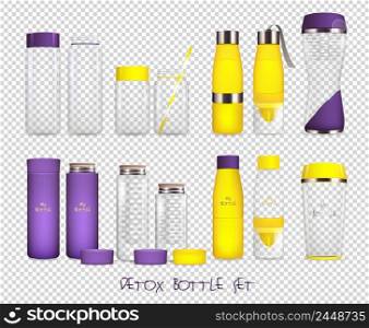 Detox water bottle transparent collection of isolated vessel images made of glass and plastic on transparent background vector illustration. Water Flask Transparent Set