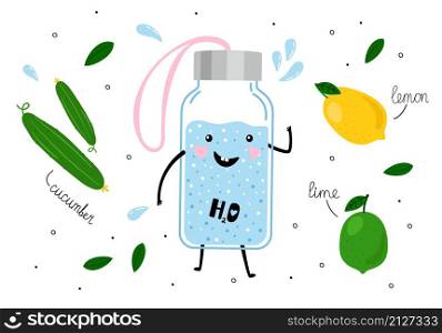 Detox water. Happy cute bottle, lemon lime cucumber and splashes vector background. Detox water illustration