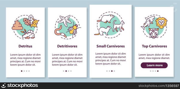 Detritus food chain onboarding mobile app page screen with concepts. Biological process, nature life cycle walkthrough 4 steps graphic instructions. UI vector template with RGB color illustrations