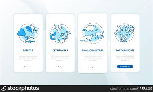 Detritus food chain onboarding mobile app page screen with concepts. Detritivores and carnivores ecosystems walkthrough 4 steps graphic instructions. UI vector template with RGB color illustrations