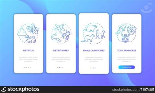 Detritus food chain onboarding mobile app page screen with concepts. Dead organic consumption walkthrough 4 steps graphic instructions. UI vector template with RGB color illustrations