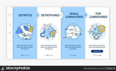 Detritus food chain onboarding vector template. Biological process. Detritivores, small and top carnivores. Responsive mobile website with icons. Webpage walkthrough step screens. RGB color concept