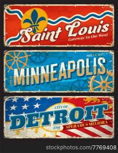Detroit, Minneapolis and Saint Louis american cities plates and travel stickers. USA city grunge tin sign, vector vintage souvenir card or banner with shabby sides, american flag and retro typography. Detroit, Minneapolis and Saint Louis city plates
