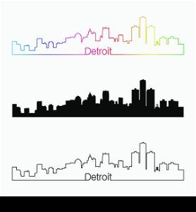Detroit skyline linear style with rainbow in editable vector file