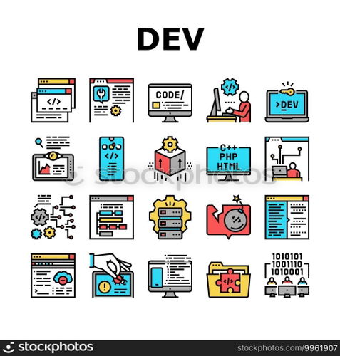 Dev Code Occupation Collection Icons Set Vector. Dev Application And Software, Hacking And Coding, Development App And Debug Fixing Concept Linear Pictograms. Contour Color Illustrations. Dev Code Occupation Collection Icons Set Vector