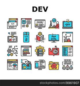 Dev Code Occupation Collection Icons Set Vector. Dev Application And Software, Hacking And Coding, Development App And Debug Fixing Concept Linear Pictograms. Contour Color Illustrations. Dev Code Occupation Collection Icons Set Vector