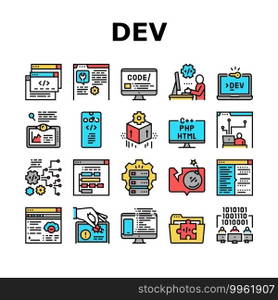 Dev Code Occupation Collection Icons Set Vector. Dev Application And Software, Hacking And Coding, Development App And Debug Fixing Concept Linear Pictograms. Contour Color Illustrations. Dev Code Occupation Collection Icons Set Vector