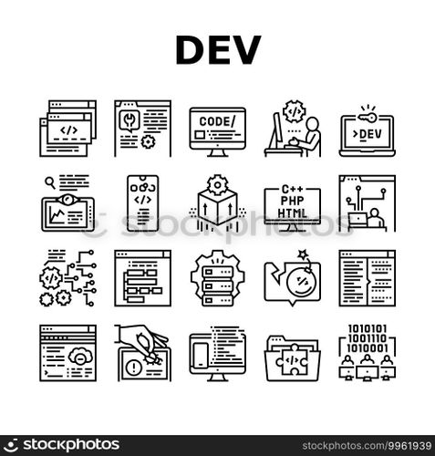 Dev Code Occupation Collection Icons Set Vector. Dev Application And Software, Hacking And Coding, Development App And Debug Fixing Black Contour Illustrations. Dev Code Occupation Collection Icons Set Vector