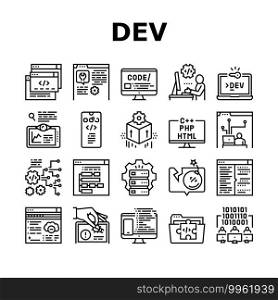 Dev Code Occupation Collection Icons Set Vector. Dev Application And Software, Hacking And Coding, Development App And Debug Fixing Black Contour Illustrations. Dev Code Occupation Collection Icons Set Vector