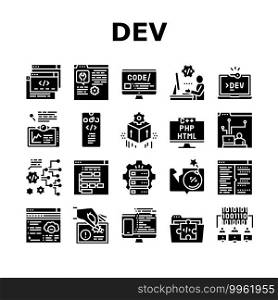 Dev Code Occupation Collection Icons Set Vector. Dev Application And Software, Hacking And Coding, Development App And Debug Fixing Glyph Pictograms Black Illustrations. Dev Code Occupation Collection Icons Set Vector