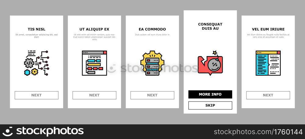 Dev Code Occupation Onboarding Mobile App Page Screen Vector. Dev Application And Software, Hacking And Coding, Development App And Debug Fixing Illustrations. Dev Code Occupation Onboarding Icons Set Vector