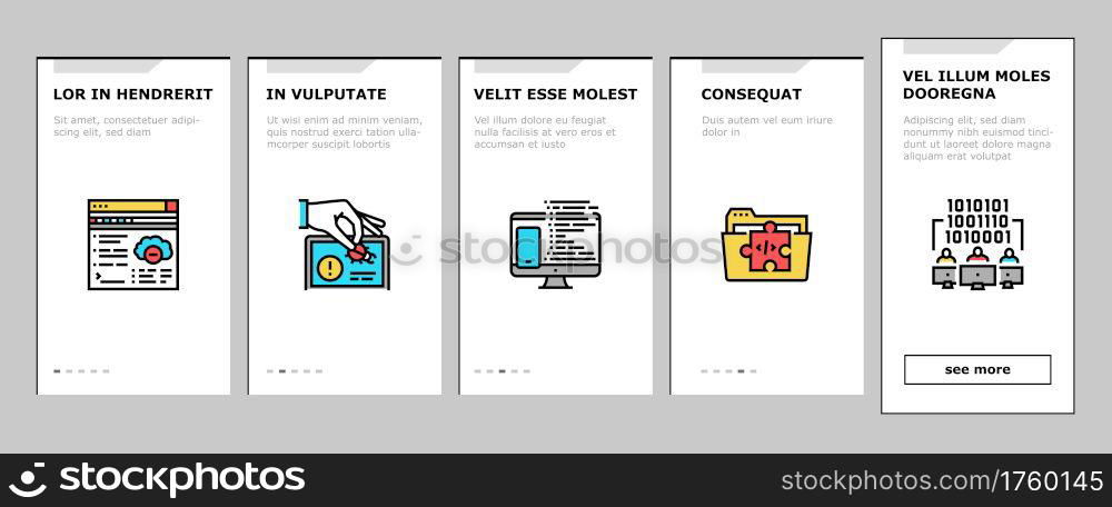 Dev Code Occupation Onboarding Mobile App Page Screen Vector. Dev Application And Software, Hacking And Coding, Development App And Debug Fixing Illustrations. Dev Code Occupation Onboarding Icons Set Vector
