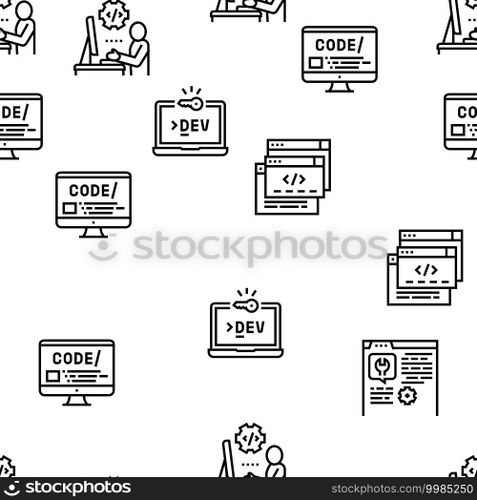Dev Code Occupation Vector Seamless Pattern Thin Line Illustration. Dev Code Occupation Vector Seamless Pattern