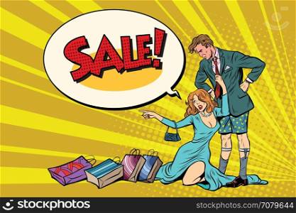Devastated husband without pants and wife wants to sale. Pop art retro vector illustration. Devastated husband without pants and wife wants to sale