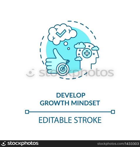 Develop growth mindset concept icon. Personal development, self improvement idea thin line illustration. Optimism, positiver attitude. Vector isolated outline RGB color drawing. Editable stroke. Develop growth mindset concept icon