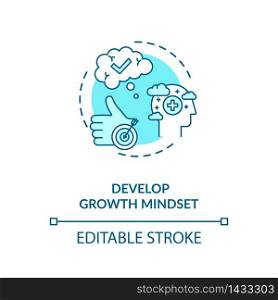 Develop growth mindset concept icon. Personal development, self improvement idea thin line illustration. Optimism, positiver attitude. Vector isolated outline RGB color drawing. Editable stroke. Develop growth mindset concept icon