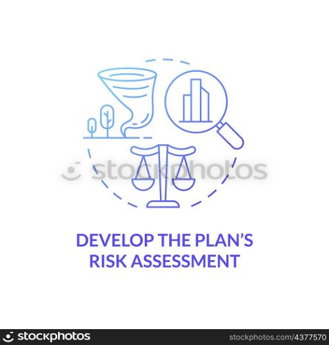 Develop plan risk assessment blue gradient concept icon. Strategy for evaluating threats abstract idea thin line illustration. Isolated outline drawing. Roboto-Medium, Myriad Pro-Bold fonts used. Develop plan risk assessment blue gradient concept icon