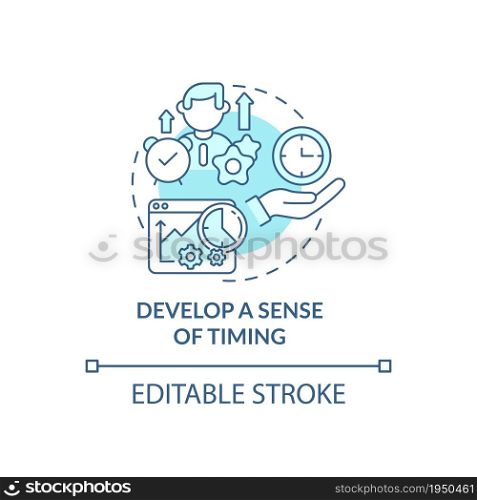 Develop sense of timing blue concept icon. Work schedule. Successful time management. Career advancement abstract idea thin line illustration. Vector isolated outline color drawing. Editable stroke. Develop sense of timing blue concept icon