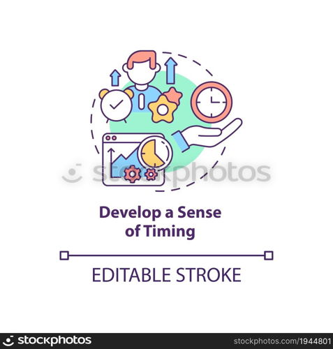 Develop sense of timing concept icon. Work schedule. Successful time management. Career advancement abstract idea thin line illustration. Vector isolated outline color drawing. Editable stroke. Develop sense of timing concept icon