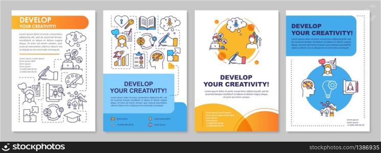 Develop your creativity brochure template. Self growth and improvement flyer, booklet, leaflet print, cover design with linear icons. Vector layouts for magazines, annual reports, advertising posters. Develop your creativity brochure template