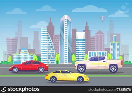 Developed city center with architecture. Roads with vehicles. Traffic in modern city streets. Transport driving in town. Highway with automobiles. Skyline with high rises skyscrapers. Vector in flat. Futuristic Business Center and Vehicles on Roads