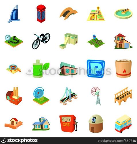 Developed city icons set. Cartoon set of 25 developed city vector icons for web isolated on white background. Developed city icons set, cartoon style