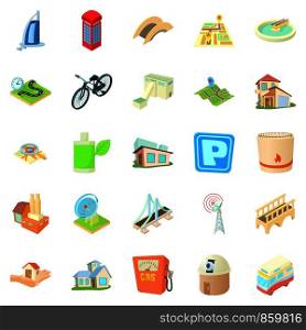 Developed city icons set. Cartoon set of 25 developed city vector icons for web isolated on white background. Developed city icons set, cartoon style