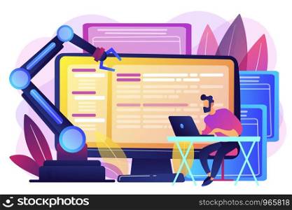 Developer at laptop and computer with open robotic soft. Open automation architecture, open source robotics soft, free development concept. Bright vibrant violet vector isolated illustration. Open automation architecture concept vector illustration.