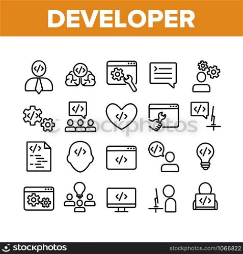 Developer Collection Elements Icons Set Vector Thin Line. Coder Developer And Human Silhouette, Gear And Heart, Light Bulb And Dialog Window Concept Linear Pictograms. Monochrome Contour Illustrations. Developer Collection Elements Icons Set Vector
