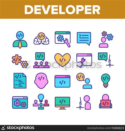 Developer Collection Elements Icons Set Vector Thin Line. Coder Developer And Human Silhouette, Gear And Heart, Light Bulb And Dialog Window Concept Linear Pictograms. Color Contour Illustrations. Developer Collection Elements Icons Set Vector