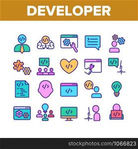 Developer Collection Elements Icons Set Vector Thin Line. Coder Developer And Human Silhouette, Gear And Heart, Light Bulb And Dialog Window Concept Linear Pictograms. Color Contour Illustrations. Developer Collection Elements Icons Set Vector