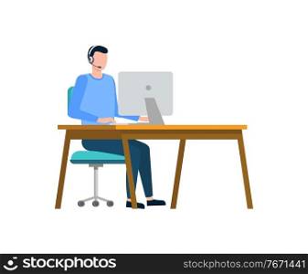 Developer with laptop sitting by table vector, man working on computer wearing headphones, support of clients and customers, male at work flat style. Freelancer Working on Laptop in Office Coder Vector