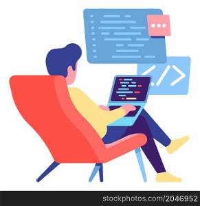 Developer working from home. Man sitting on chair and coding on laptop. Vector illustration. Developer working from home. Man sitting on chair and coding on laptop