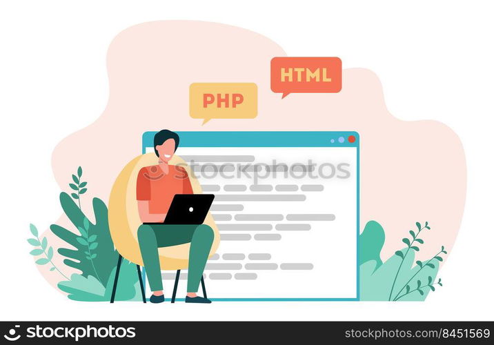 Developer writing code for website. Laptop, computer, designer flat vector illustration. Coding and programming concept for banner, website design or landing web page