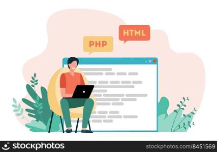 Developer writing code for website. Laptop, computer, designer flat vector illustration. Coding and programming concept for banner, website design or landing web page