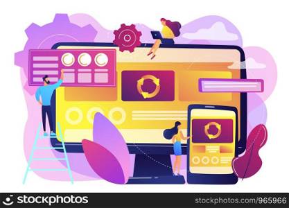 Developers at computer and smartphone working on single page app, tiny people. Single page application, SPA web page, web development trend concept. Bright vibrant violet vector isolated illustration. Single page application concept vector illustration.