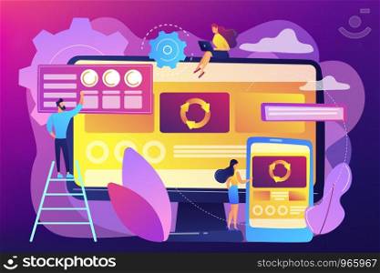 Developers at computer and smartphone working on single page app, tiny people. Single page application, SPA web page, web development trend concept. Bright vibrant violet vector isolated illustration. Single page application concept vector illustration.