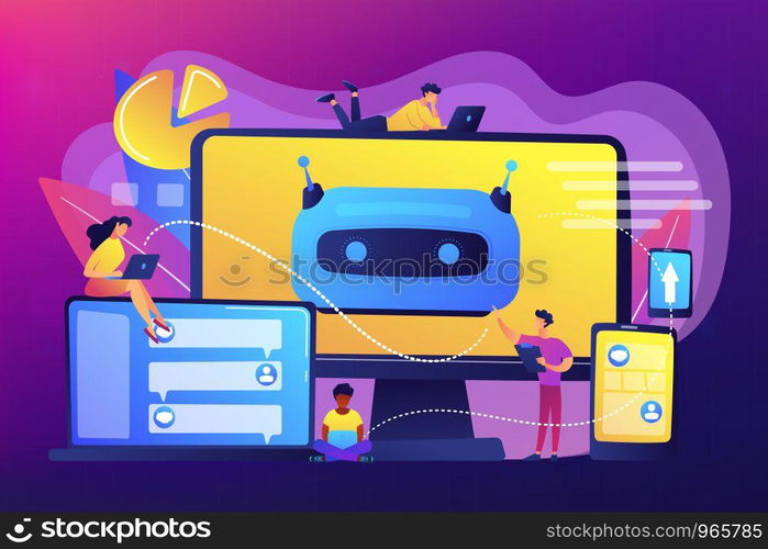 Developers building, testing and deploying chatbots on platforms. Chatbot platform, virtual assistant development, cross-platform chatbot concept. Bright vibrant violet vector isolated illustration. Chatbot development platform concept vector illustration.