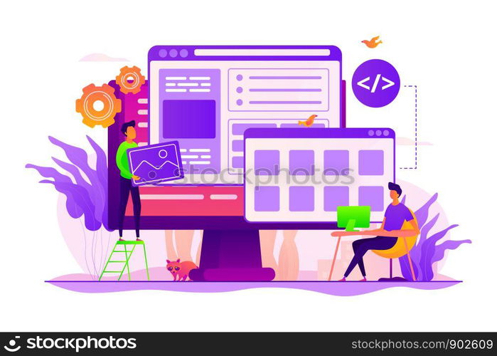 Developers create internet app. Software engineering, computer technology. Website development, web application coding, design for web browsers concept. Vector isolated concept creative illustration. Web development concept vector illustration