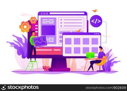 Developers create internet app. Software engineering, computer technology. Website development, web application coding, design for web browsers concept. Vector isolated concept creative illustration. Web development concept vector illustration