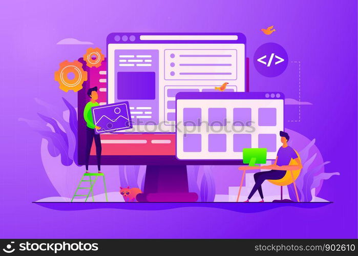 Developers create internet app. Software engineering, computer technology. Website development, web application coding, design for web browsers concept. Vector isolated concept creative illustration. Web development concept vector illustration