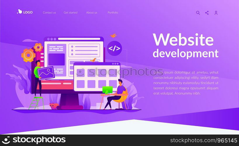 Developers create internet app. Software engineering, computer technology. Website development, web application coding, design for web browsers concept. Website homepage header landing web page template.. Web development landing page template