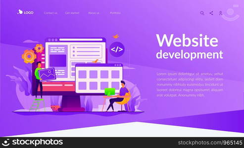 Developers create internet app. Software engineering, computer technology. Website development, web application coding, design for web browsers concept. Website homepage header landing web page template.. Web development landing page template